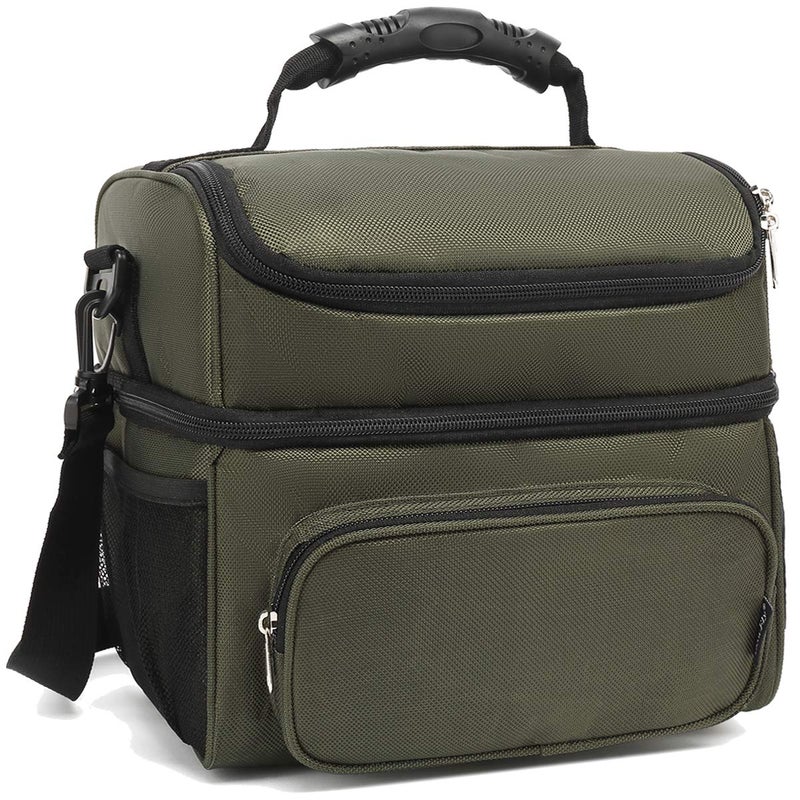 FlowFly Double Layer Cooler Insulated Lunch Bag Adult Lunch Box Large Tote Bag for Men, Women, With Adjustable Strap,Front Pocket and Dual Large Mesh Side Pockets,Army Green - Image 1